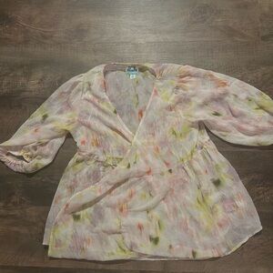 Women's Floral Print 3/4 Sleeve V-Neck Wrap Top - Future Collective White/Pink M